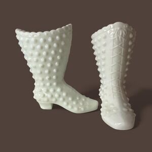 Fenton Hobnail White Milk Glass Boot Pair